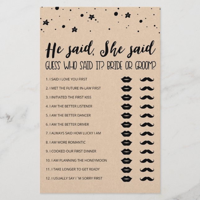Editable He said, She said Bridal Shower game (Front)