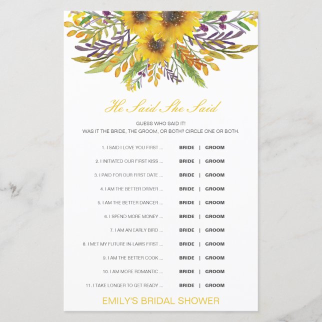 Editable He Said She Said Wedding Shower Game (Front)