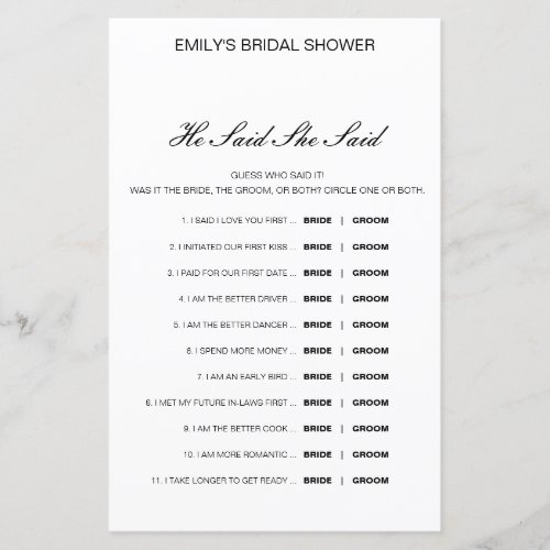 Editable He Said She Said Wedding Shower Game