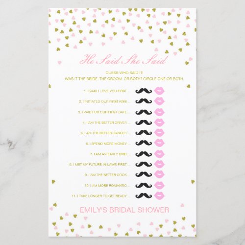 Editable He Said She Said Wedding Shower Game