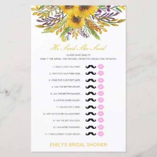 Editable He Said She Said Wedding Shower Game