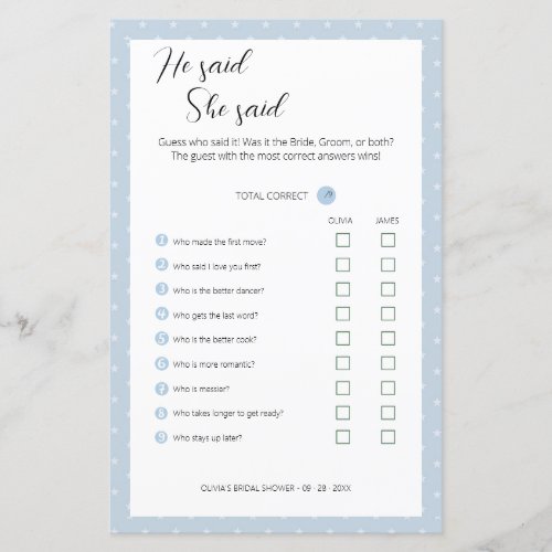 Editable He Said She Said Wedding Shower Game