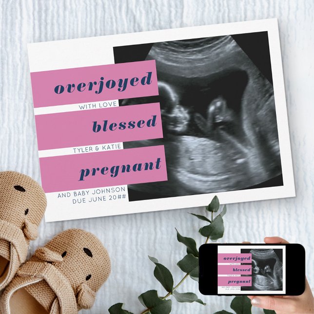 Editable Headlines 2 Photo Navy Pink Pregnancy Announcement (Creator Uploaded)