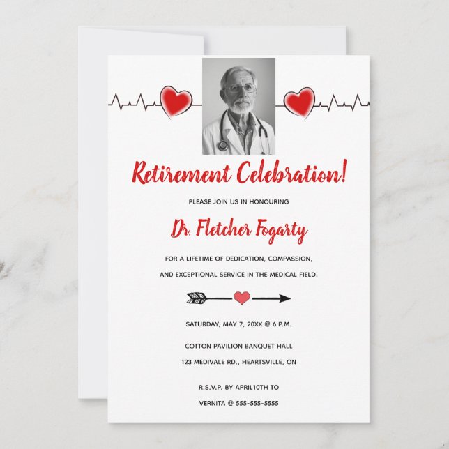 Editable Heart Pulse Doctors Retirement Invitation (Front)
