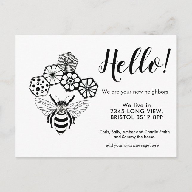 Editable Hello Neighbor,  New Address, Bee Announcement Postcard (Front)