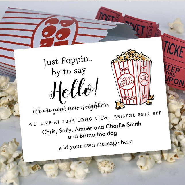 Editable Hello Neighbor,  New Address, Popcorn Announcement Postcard (Creator Uploaded)