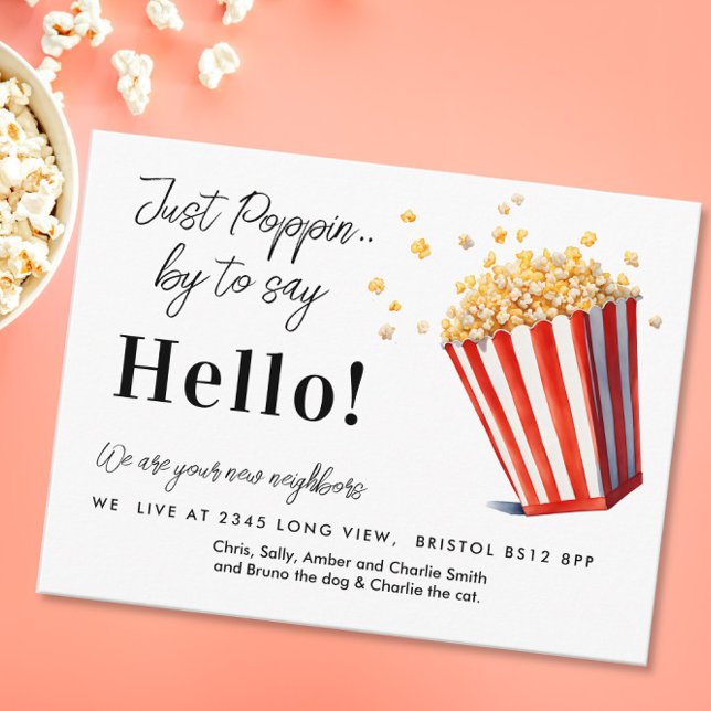 Editable Hello Neighbor,  New Address, Popcorn Announcement Postcard (Creator Uploaded)