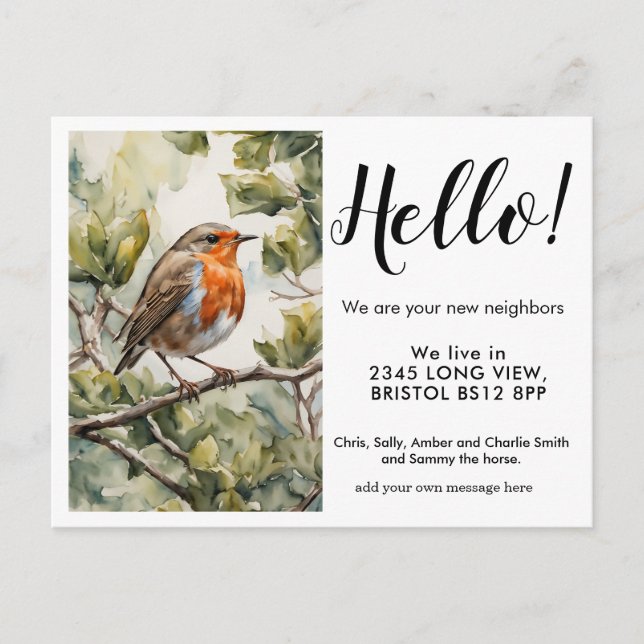 Editable Hello Neighbor,  New Address, Robin Announcement Postcard (Front)