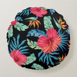Editable hibiscus, vintage floral pattern round pillow