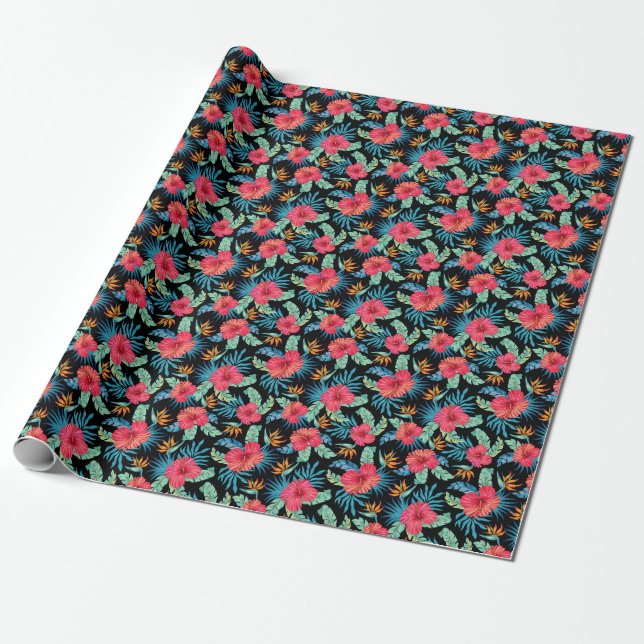 Editable hibiscus, vintage floral pattern wrapping paper (Unrolled)