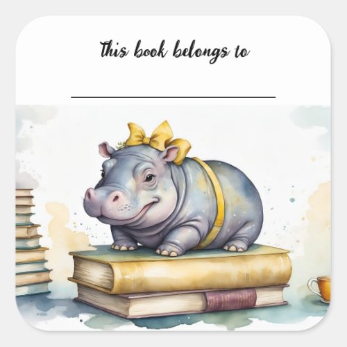 Editable Hippo and Books Bookplate Sticker