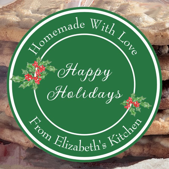 Editable Holiday Baking Gift Green Happy Holidays Classic Round Sticker (Creator Uploaded)