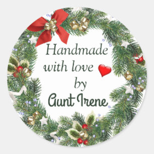Editable Holiday Wreath Handmade With Love Classic Round Sticker