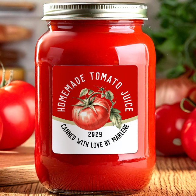 Editable homemade tomato juice with red tomato square sticker (Creator Uploaded)