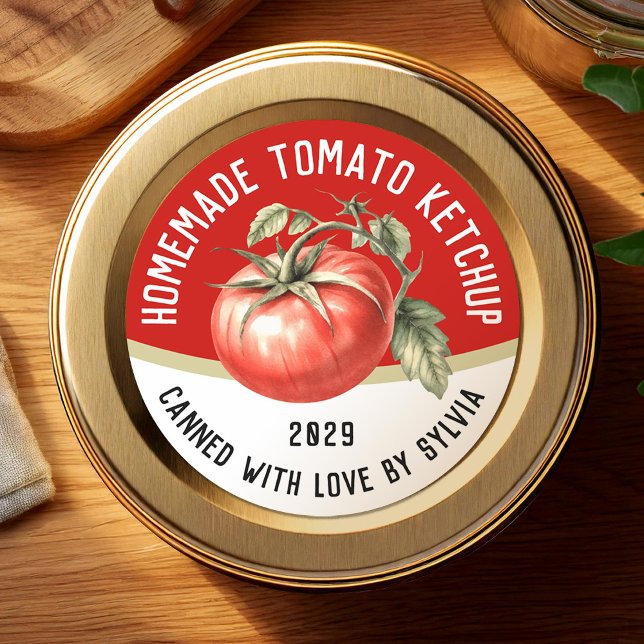 Editable Homemade Tomato Ketchup with red tomato Classic Round Sticker (Creator Uploaded)