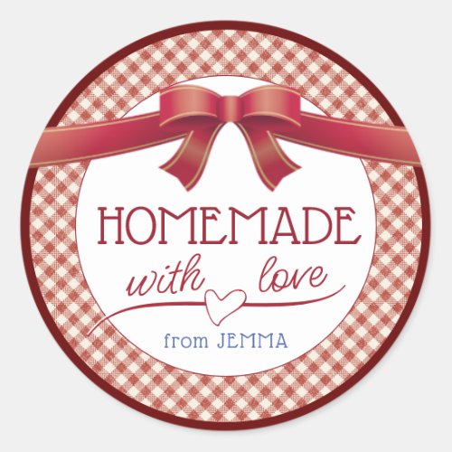 Editable Homemade with Love Red Bow and Gingham Classic Round Sticker