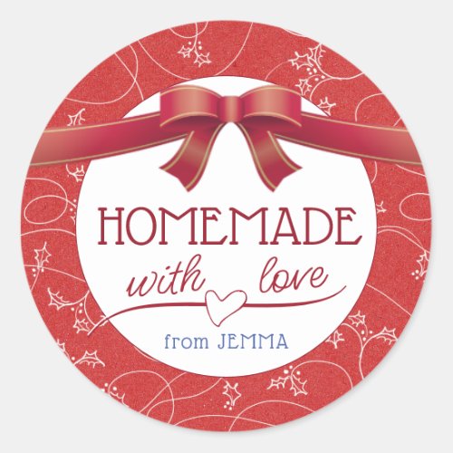 Editable Homemade with Love Red Bow and Holly  Classic Round Sticker