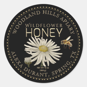 Editable Honey Jar Bee Wildflower Label Black