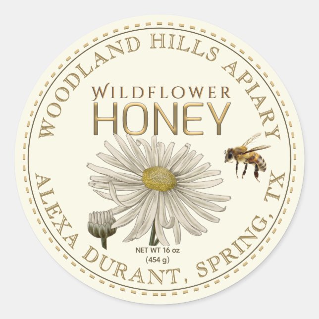 Editable Honey Jar Bee Wildflower Label Ivory (Front)