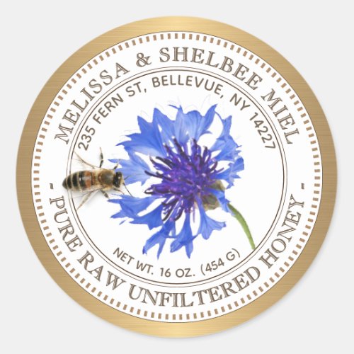 Editable Honey Product Blue Flower Bee Gold Border Classic Round Sticker