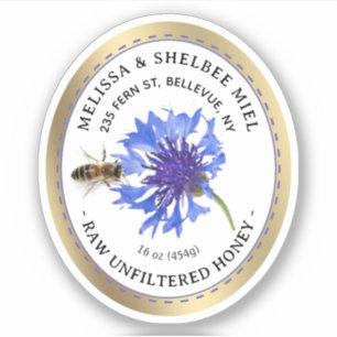 Editable Honey Product Blue Flower Bee Gold Border Sticker