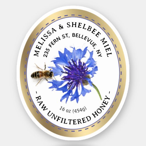 Editable Honey Product Blue Flower Bee Gold Border Sticker