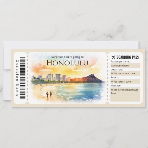 Editable Honolulu Boarding Pass Plane ticket  Invitation