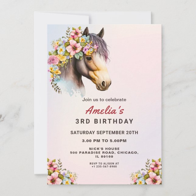Editable Horse Birthday Invitation for Girls (Front)