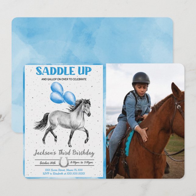 Editable Horse Birthday Photo Invitation (Front/Back)