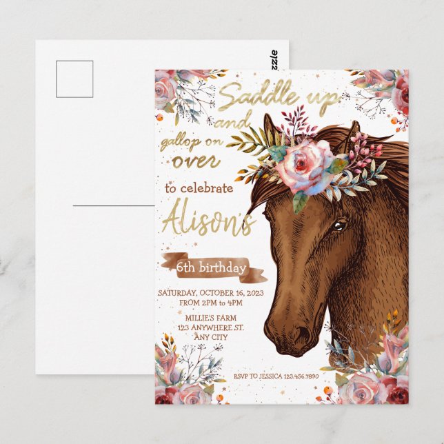 Editable Horse Cowgirl birthday party Postcard (Front/Back)