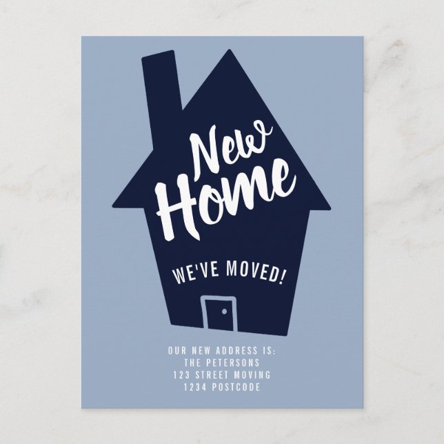 Editable house new home typography blue moving announcement postcard (Front)