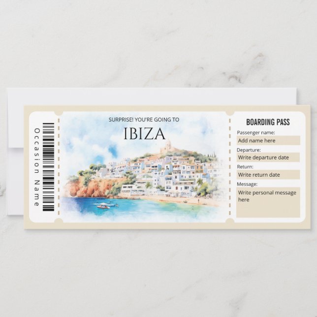 Editable Ibiza Plane Boarding Pass Ticket Invitation (Front)
