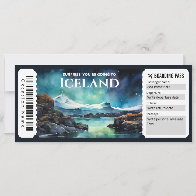 Editable Iceland Boarding Pass Plane ticket Invitation (Front)