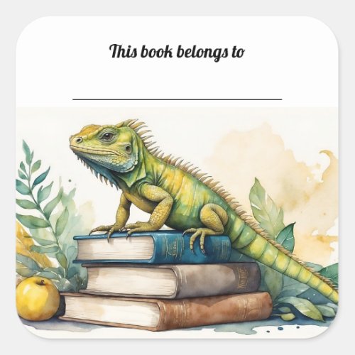Editable Iguana and Books Bookplate Sticker