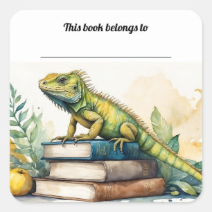 Editable Iguana and Books Bookplate Sticker