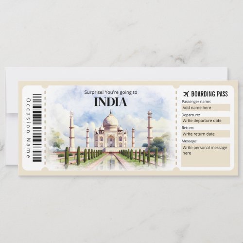 Editable India Boarding Pass Plane ticket Invitation