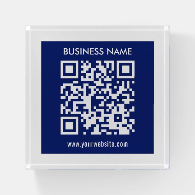 Editable (instantly generated) QR code | Navy Blue Paperweight (Front)