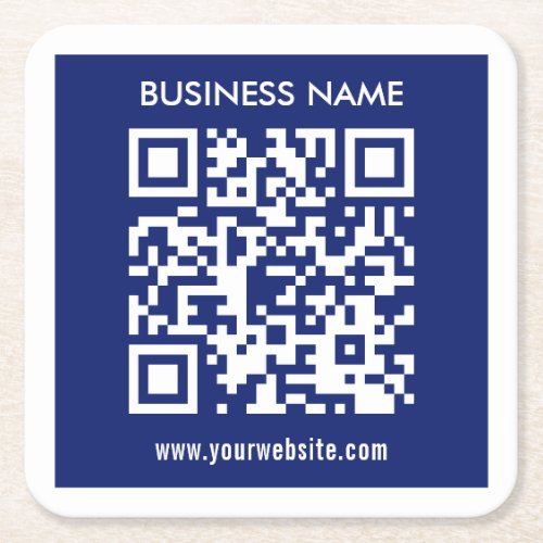 Editable instantly generated QR code  Navy Blue Square Paper Coaster