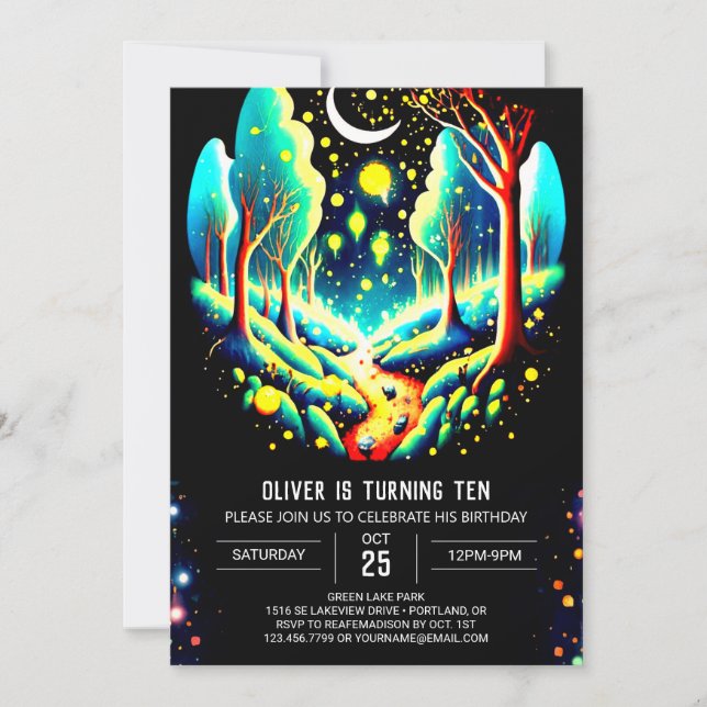 Editable Into the Woods Fireflies Birthday Invitation (Front)