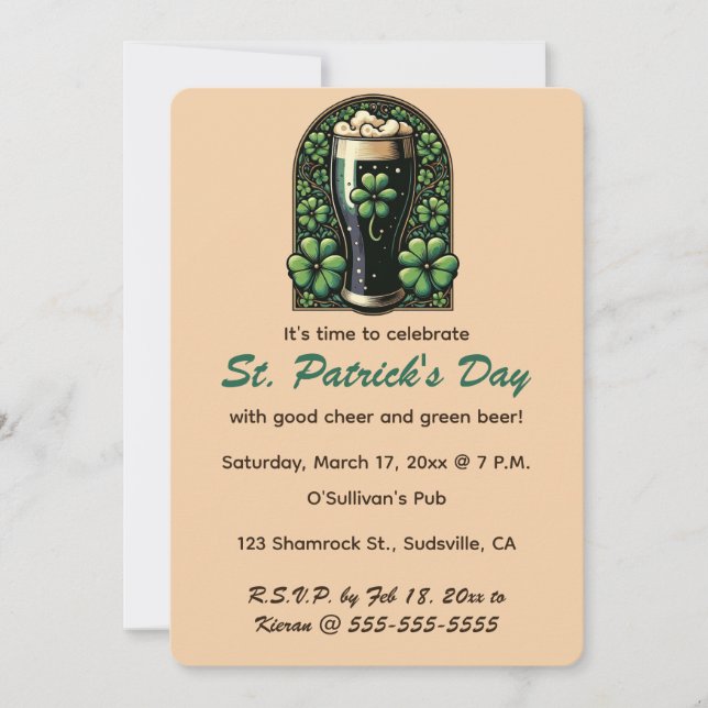 Editable Irish Green Beer Shamrock St Patricks Day Invitation (Front)