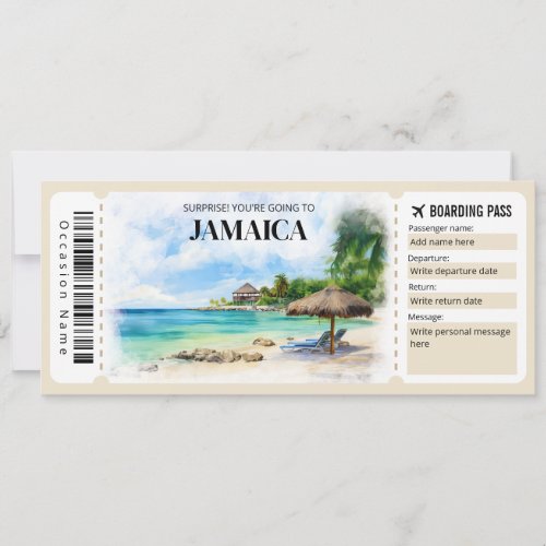 Editable Jamaica Boarding Pass Plane ticket Invitation