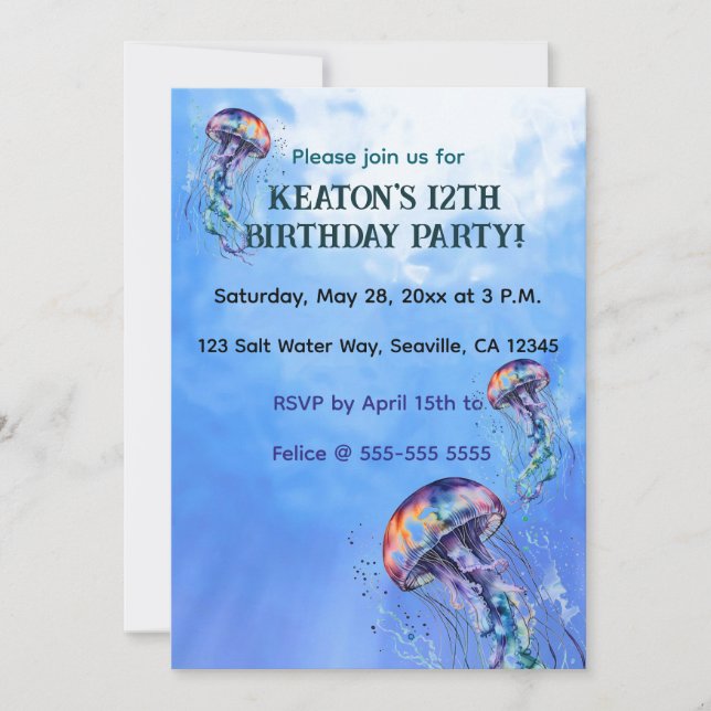 Editable Jellyfish Ocean Birthday Party Invitation (Front)