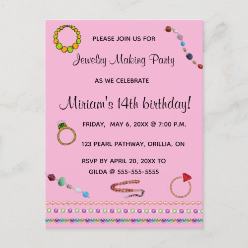 Editable Jewelry Making Birthday Party Invitation Postcard