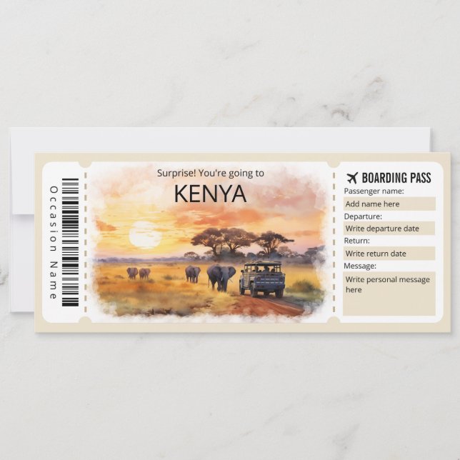 Editable Kenya Plane ticket, Kenya Trip Invitation (Front)