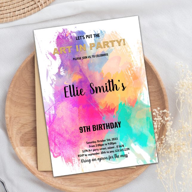 Editable Kids Art Party Card with Rainbow Splatter (Glitter Paint Birthday Invitations)