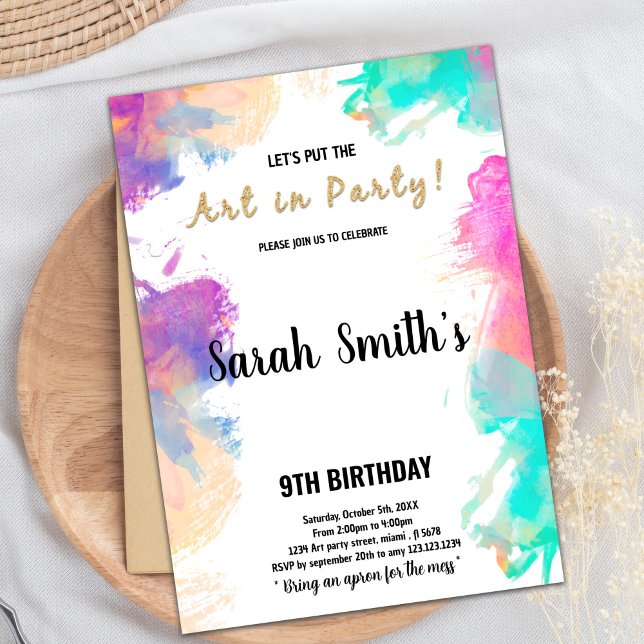 Editable Kids Art Party Card with Splash Design (Purple Paint Birthday Invitations)