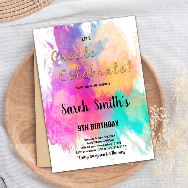 Editable Kids Art Party Invite with Color Splash (Green orange pink Paint Birthday Postcards)