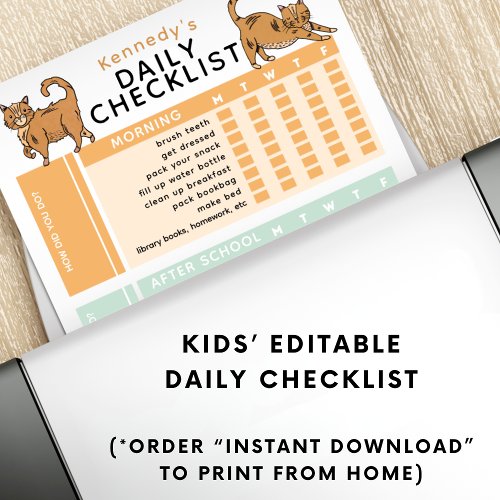 Editable Kids Daily Task Chore Checklist Printable Poster