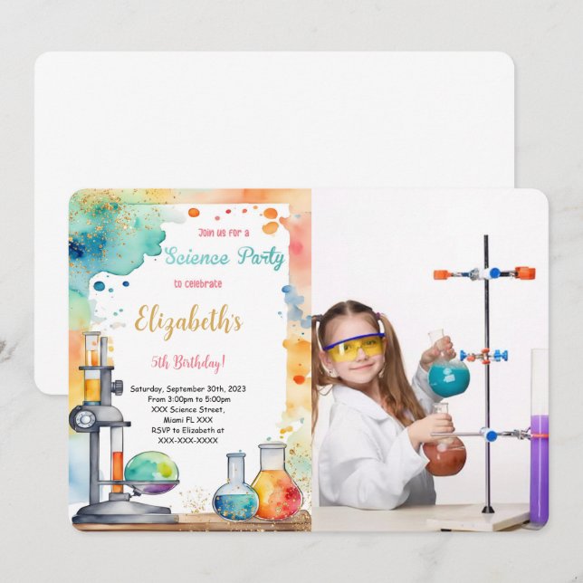 Editable Kids Science Birthday Party Photo Invitation (Front/Back)