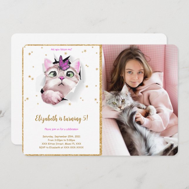 Editable Kitten Birthday Photo Invitation (Front/Back)